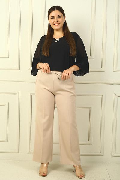 By Saygı Plus Size Viscose Palazzo Trousers - Side Pocket and Elastic Waist