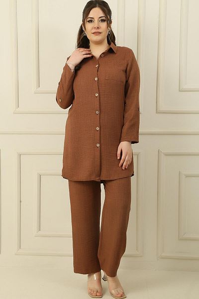 By Saygı Single Pocket Sleeve Folded Shirt Elastic Waist Palazzo Pants Linen Effect Large Size 2-Piece Set