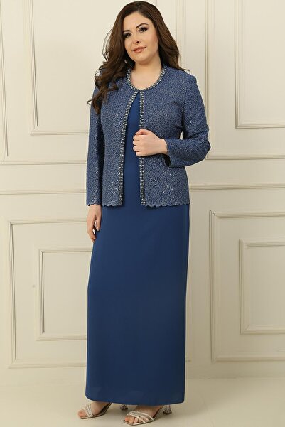 By Saygı Collar Stone Lined Long Crepe Dress Sequin Jacket Plus Size 2 Piece Set