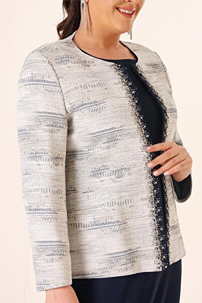 By Saygı Sleeveless Long Dress Stone Detailed Jacquard Large Size Lined 2-Piece Set