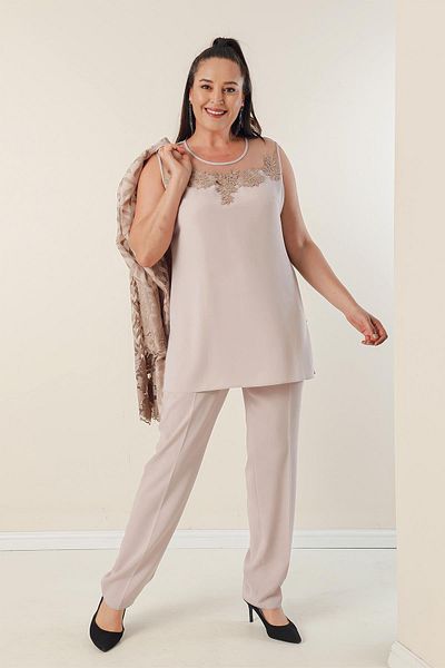 By Saygı Beaded Embroidered Laced Lined Jacket Blouse Trousers Plus Size 3-Piece Crepe Suit