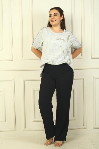 By Saygı Plus Size Chiffon Trousers - Elastic Waist and Lined