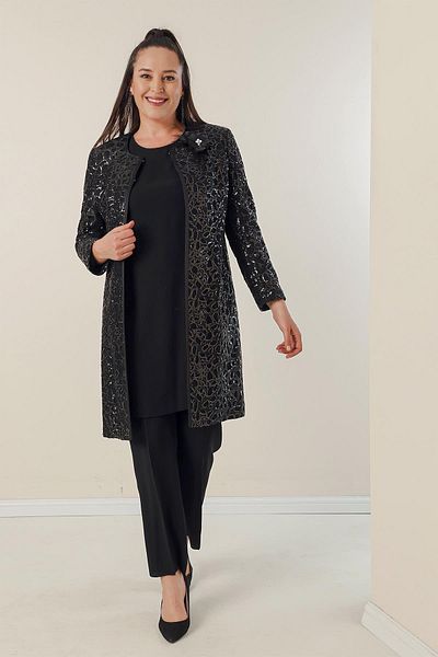 By Saygı Crepe Blouse with Side Slits, Sleeves and Sequin Lined Jacket and Trousers Plus Size 3-Piece Set