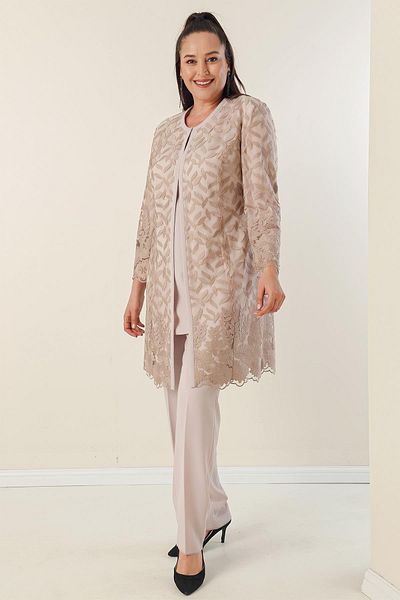 By Saygı Beaded Embroidered Laced Lined Jacket Blouse Trousers Plus Size 3-Piece Crepe Suit