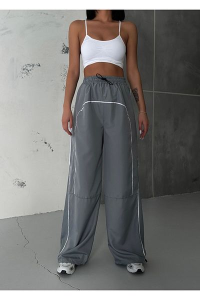 EDVESS Gray Y2K Baggy Parachute Pants - Black Detailed