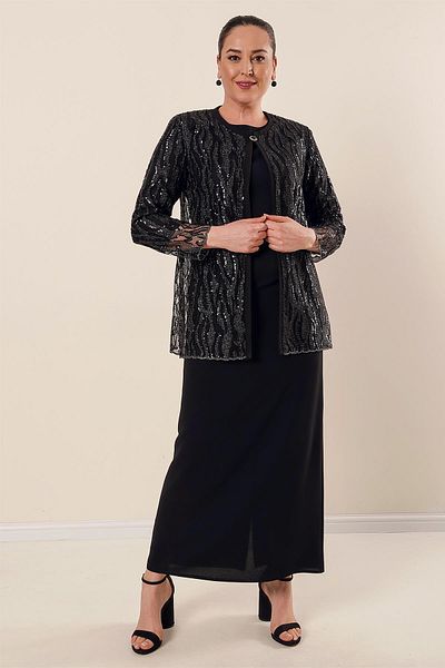 By Saygı Long Crepe Dress with Brooch on the Collar and Sequin and Glitter Jacket Lining Plus Size 2-Piece Set