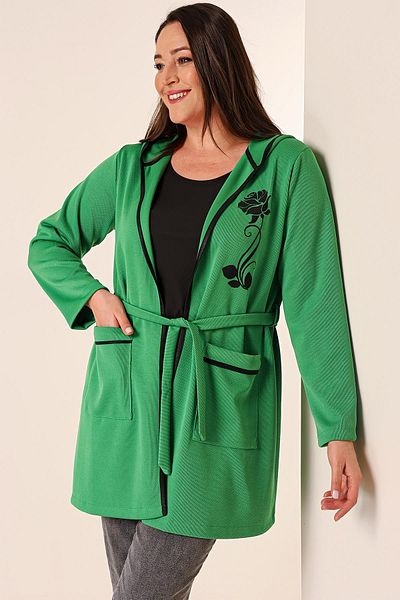 By Saygı Sleeveless Undershirt, Hooded, Bag Pocket, Belted Floral Printed Cardigan, Large Size 2-Piece Set
