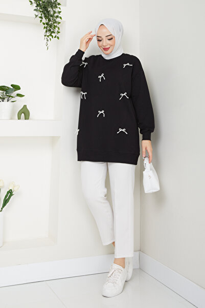 MOONSC Black Tunic with Pearl Bow Detail