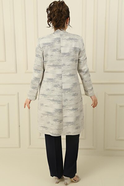 By Saygı Large Size 3-Piece Set with Stone Detailed Lined Jacquard Jacket and Tank Top Pants