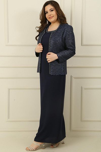 By Saygı Collar Stone Lined Long Crepe Dress Sequin Jacket Plus Size 2 Piece Set