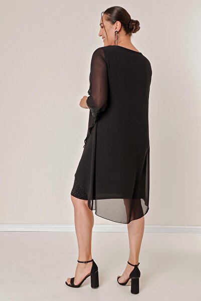 By Saygı Stone Detailed on the Front and Sleeve Ends and Chiffon Top B.B. Lycra Dress