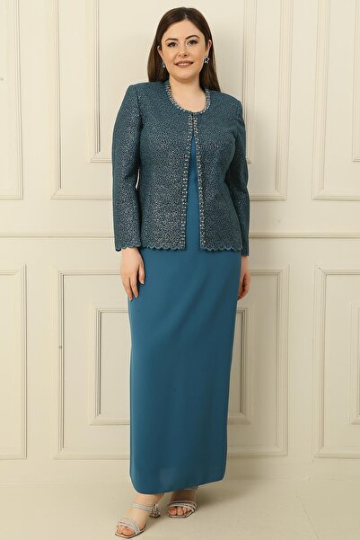 By Saygı Σετ 2 Τεμαχίων με Πέτρινο Γιακά Φόρεμα Μακρύ Κρεπ Παγιέτες Μπουφάν Plus Size 2 Τεμάχια