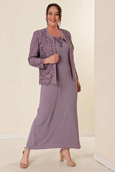 By Saygı Bead Embroidered Laced Lined Dress Coat Plus Size 2 Piece Set