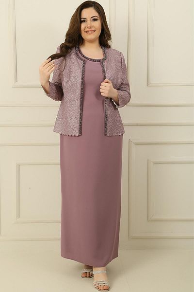 By Saygı Collar Stone Lined Long Crepe Dress Sequin Jacket Plus Size 2 Piece Set