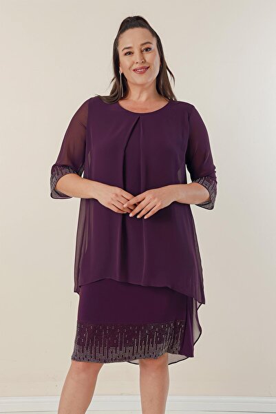 By Saygı Plus Size Short Dress with Chiffon Top and Bead Detail on the Sleeve and Hem