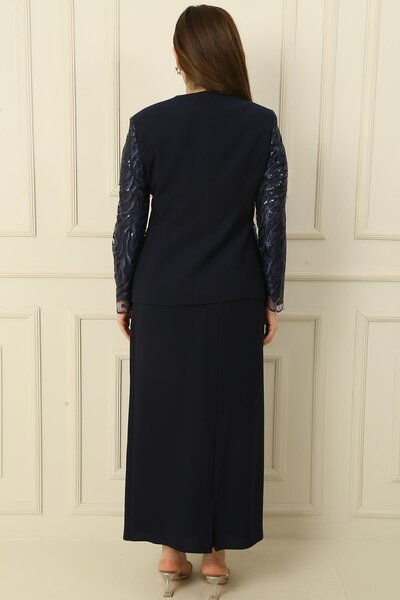 By Saygı Belül Half Moon ujjú blúz flitteres hímzés gyöngy részletes kabát szoknya bélelt nagy méretű 3 részes készlet