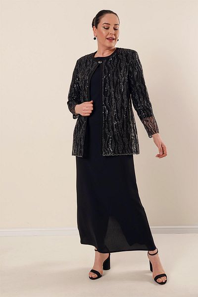 By Saygı Long Crepe Dress with Brooch on the Collar and Sequin and Glitter Jacket Lining Plus Size 2-Piece Set