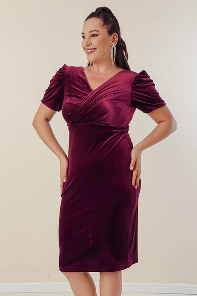 By Saygı Front Back V-Neck Draped Short Pleated Sleeve Plus Size Velvet Short Dress
