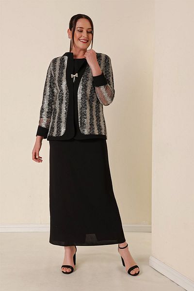 By Saygı Long Sleeve Lined Crepe Dress Garnished Glitter Organza Jacket Plus Size 2-Piece Set