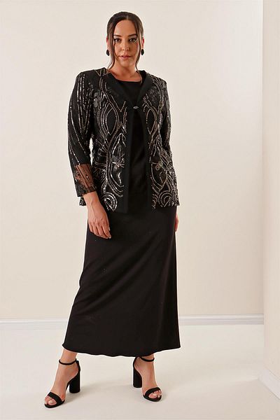 By Saygı Long Sleeve Lycra Dress Sequin Embroidered Tulle Jacket Plus Size Set of 2