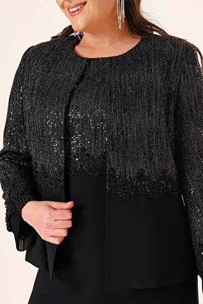 By Saygı Top Sequin Bead Detailed Sleeve Tip Chiffon Jacket Dress Lined Large Size 2-Piece Set