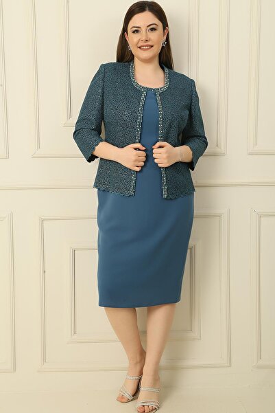 By Saygı Κόσμημα γιακά με επένδυση κρεπ φόρεμα παγιέτα Μπουφάν Plus Size Διπλό Σετ