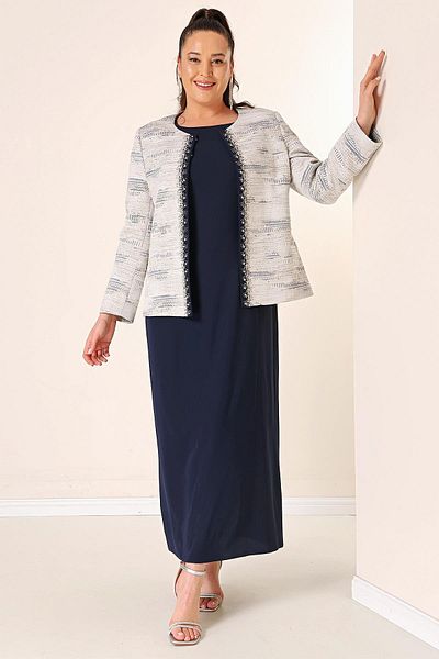 By Saygı Sleeveless Long Dress Stone Detailed Jacquard Large Size Lined 2-Piece Set