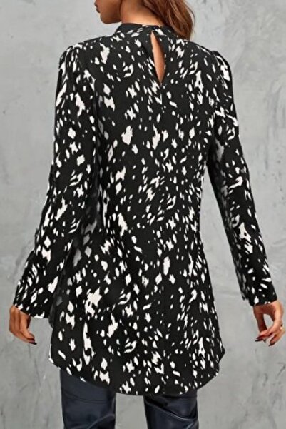Mossta Black Patterned Woven Blouse - Semi Turtleneck