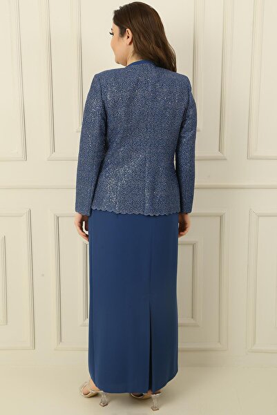 By Saygı Collar Stone Lined Long Crepe Dress Sequin Jacket Plus Size 2 Piece Set