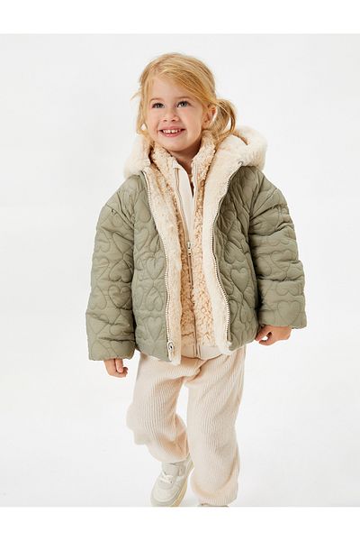Koton Double Sided Hooded Plush Jacket - Quilted Zipper