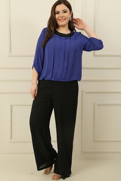 By Saygı Women's Elastic Waist Lined Palazzo Plus Size Chiffon Pants