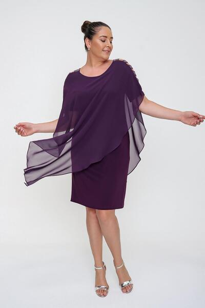 By Saygı Chiffon Plus Size Sandy Lycra Dress with Striped Sleeves