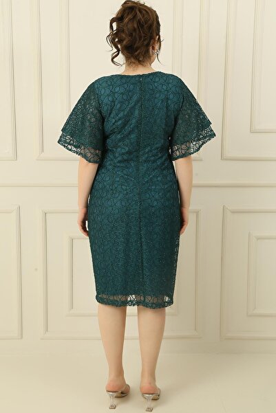 By Saygı Large Size Glitter Lace Dress with Short Flutter Sleeves and Lining