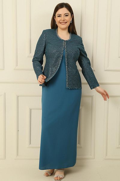 By Saygı 2-teiliges Set mit Kragen, Steinfutter, langem Kreppkleid und Paillettenjacke in Übergröße