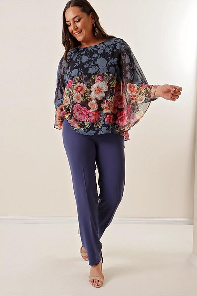 By Saygı Imported Crepe Wide Size Trousers with Elastic Sides