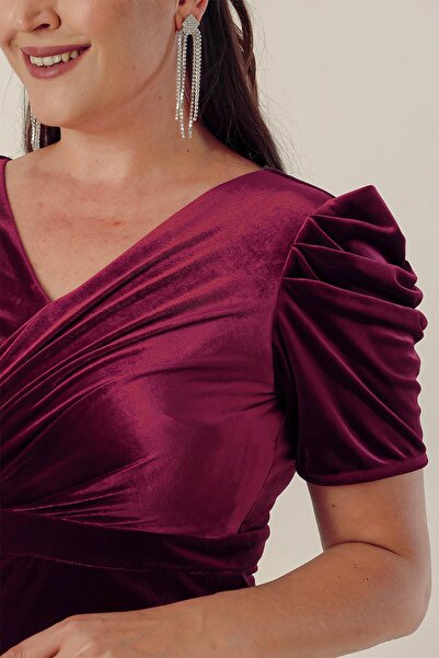 By Saygı Front Back V-Neck Draped Short Pleated Sleeve Plus Size Velvet Short Dress