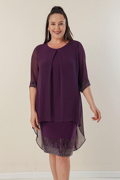 By Saygı Plus Size Short Dress with Chiffon Top and Bead Detail on the Sleeve and Hem
