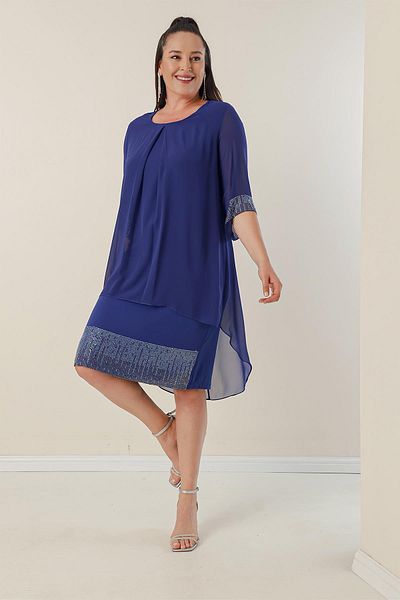 By Saygı Plus Size Short Dress with Chiffon Top and Bead Detail on the Sleeve and Hem