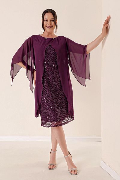 By Saygı Chiffon Cape Lined Sequin Plus Size Dress