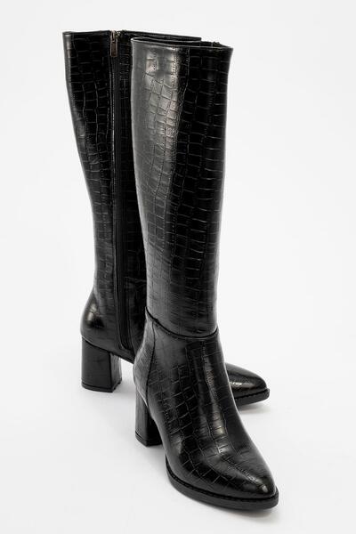 Ccway Μαύρα γυναικεία μποτάκια με τακούνι Crocodile