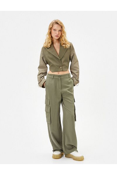 Koton Crop Jacket Double Fabric Use Elasticized Cuffs Reverse Double Breasted Collar