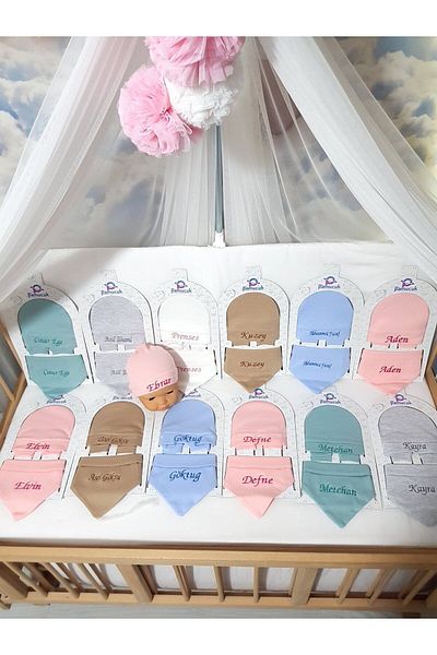bebek iklimi Name Embroidered Beret White Newborn Set (Gloves and Drool Bib)