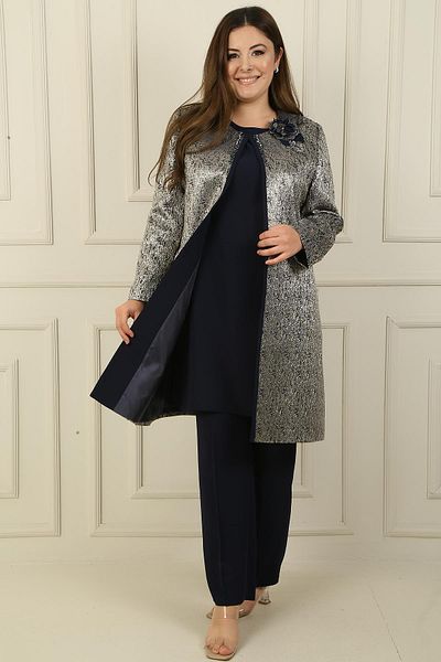 By Saygı Plus Size 3-Piece Set - Sleeveless Slit Blouse, Bead Detailed Lined Long Jacquard Jacket and Trousers