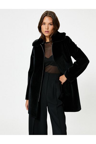 Koton Plush Coat with Zipper and Removable Faux Fur Pocket
