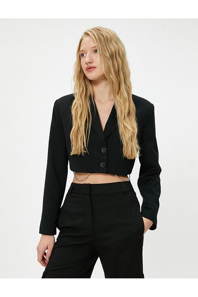 Koton Crop Jacket Reverse Double Breasted Collar Button Closure Slim Fit Chain Detailed
