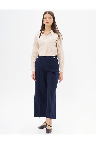 Kayra Dark Navy Blue Trousers with High Waist and Button Detail