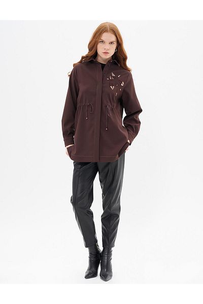 Kayra Dark Brown Tunic - Embroidery Embroidered and Waist Drawstring