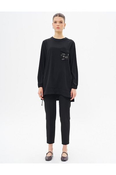 Kayra Crew Neck Embroidery Tunic - Black
