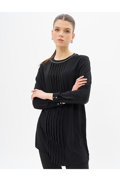 Kayra Crew Neck Tunic - Ribbed Detail, Black