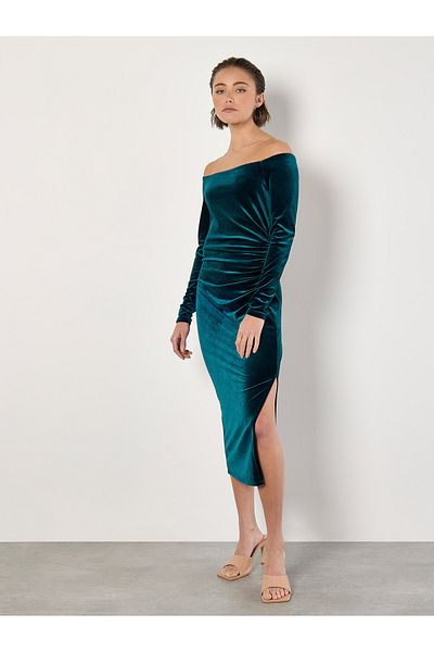 Apricot Bardot-Midikleid aus Samt